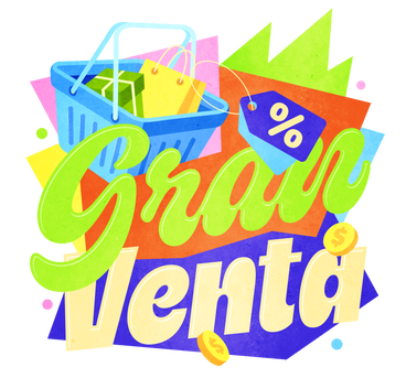 Lettering gran venta with shopping cart, coupon and coins text PNG, SVG