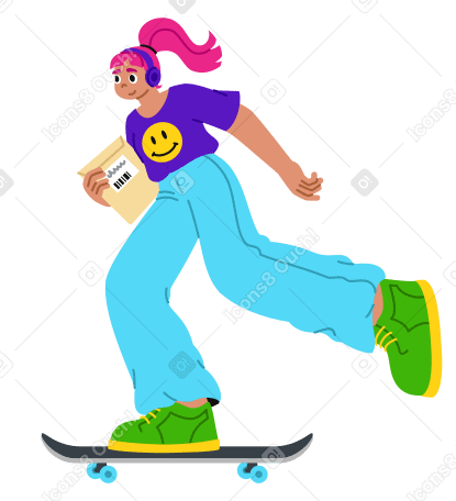 스케이트보드를 타고 문서 묶음을 전달하는 젊은 여성 PNG, SVG