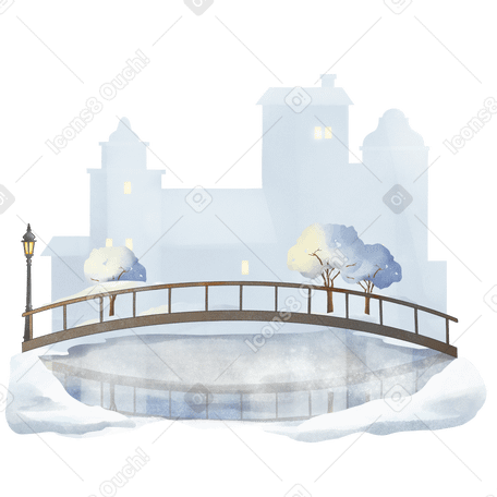 Winter town with a lake Illustration in PNG, SVG