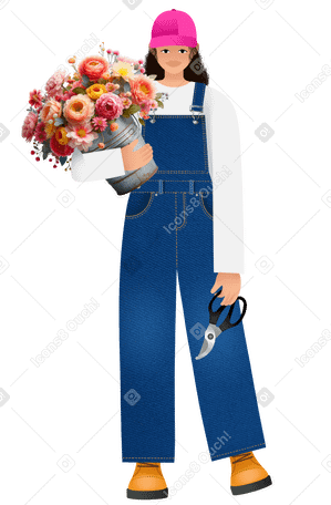 Флорист держит букет и ножницы в PNG, SVG