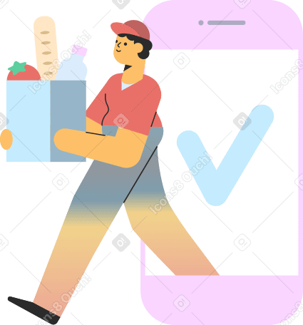 delivery man with goods coming from phone PNG、SVG