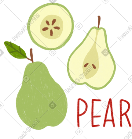 Pear, half of a pear, a pear slice and lettering PNG, SVG