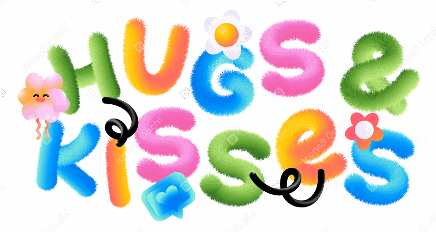 Lettering Hugs and Kisses with flowers and black spirals text PNG, SVG
