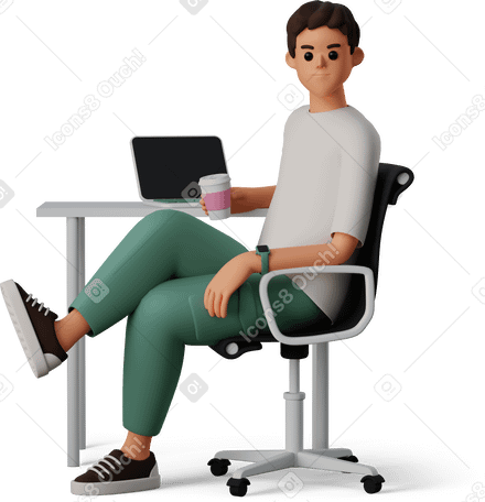 3D young man at workplace with coffee в PNG, SVG