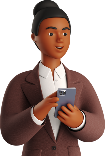 black businesswoman in brown suit with phone looking aside PNG, SVG
