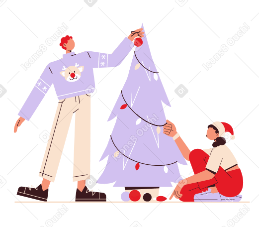 Man and woman decorate a Christmas tree together PNG, SVG
