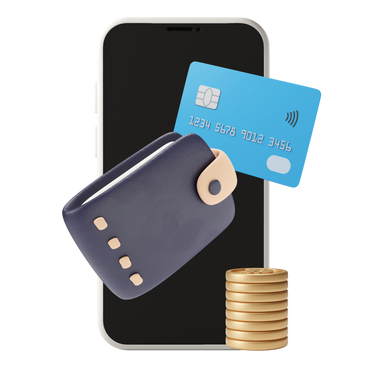 Электронный кошелек в телефоне с банковской картой, стопкой монет и кожаным кошельком в PNG, SVG