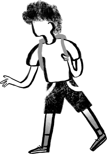 black and white boy with curly hair walking with backpack PNG, SVG