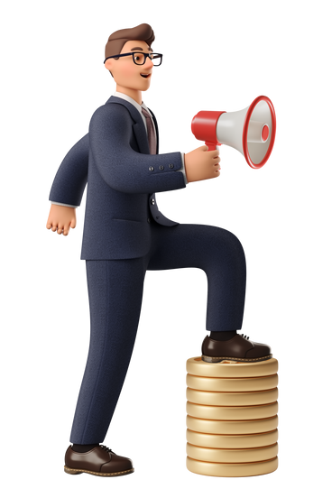Businessman stepping on a stack of bitcoins speaking through megaphone PNG, SVG