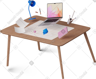 Isometric view of levitating office desk with laptop and documents PNG, SVG