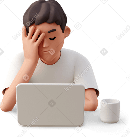 3D young man with closed eyes working on laptop and holding head Illustration in PNG, SVG
