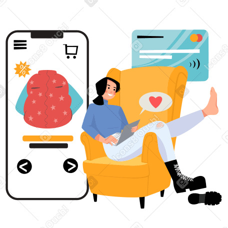Online shopping woman sitting on the couch Illustration in PNG, SVG