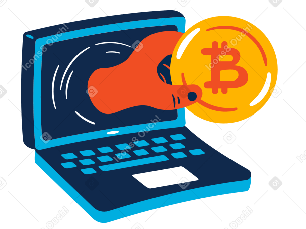 Hand with bitcoin reaching out of a laptop screen PNG, SVG