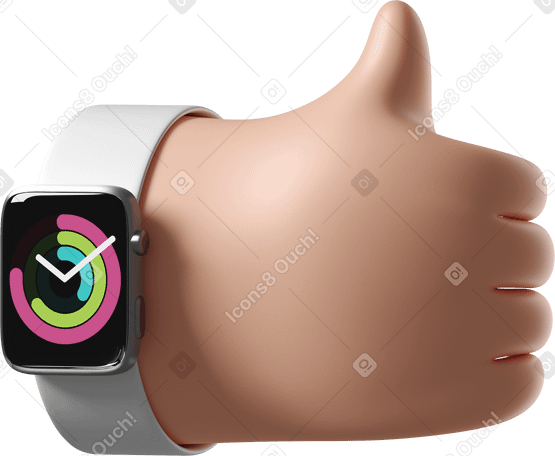 3D White skin hand with smartwatch turned on showing thumbs up PNG, SVG
