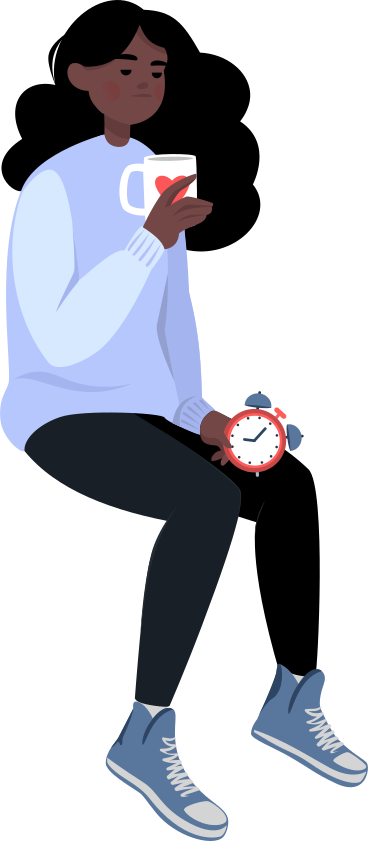 sad girl sitting with mug and alarm clock PNG, SVG
