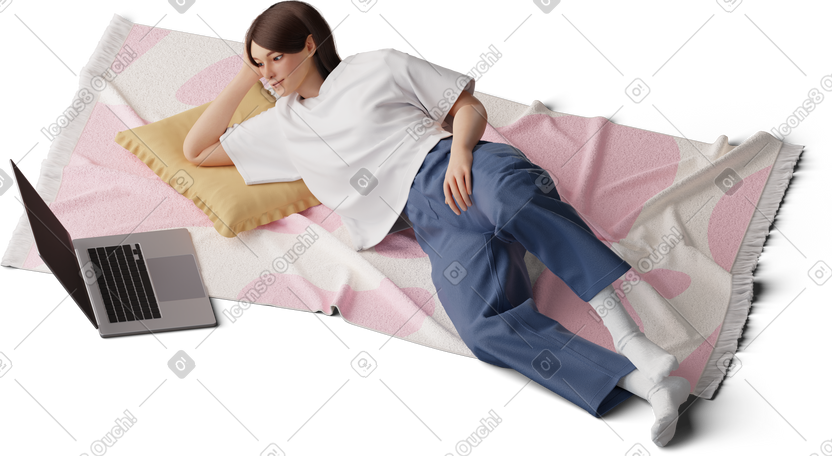 3D young woman lying on the carpet watching laptop PNG, SVG