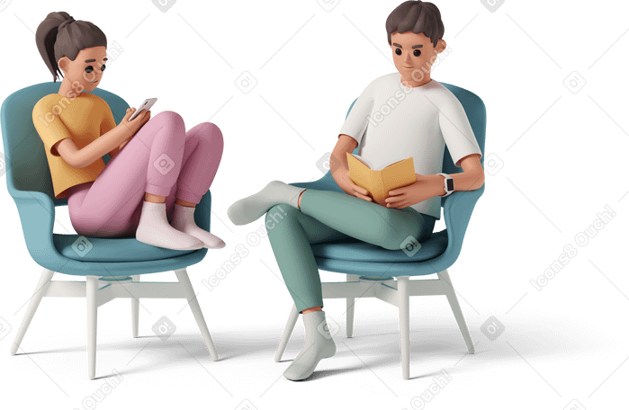 3D Boy and girl sitting in chairs Illustration in PNG, SVG