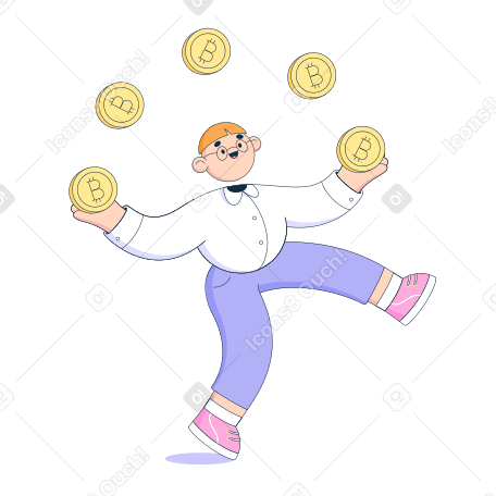 Happy man juggling with bitcoins PNG, SVG