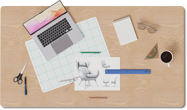 Vista superior del escritorio con computadora portátil y boceto PNG, SVG