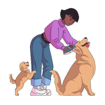 Woman brushing labrador's coat and puppy distracting her PNG, SVG