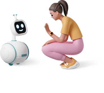 side view of young woman sitting and waving at robot PNG, SVG
