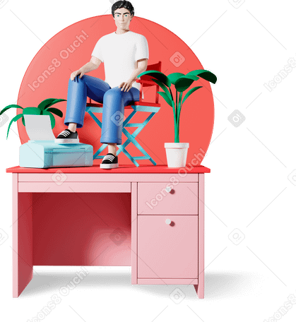 3D man sitting on office desk and printer PNG, SVG