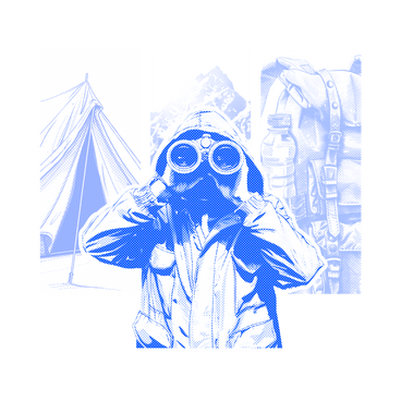 Исследователь с биноклем, туристический плакат в PNG, SVG