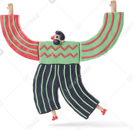 3D Bearded man with raised arms Illustration in PNG, SVG