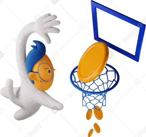 3D Boy putting money in basketball hoop eagerly turned left PNG, SVG