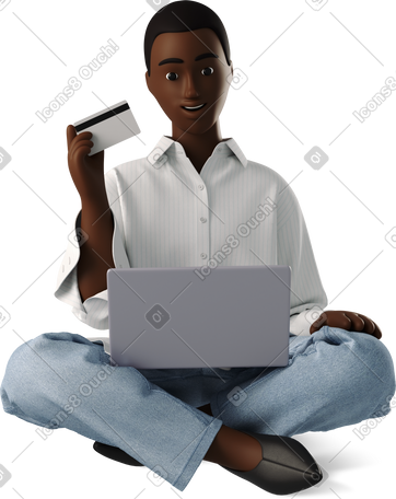 3D young woman with laptop shopping online PNG, SVG