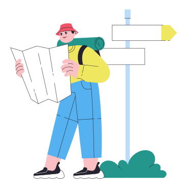 Illustrazione animata Uomo del viaggiatore che esamina la mappa vicino al cartello in GIF, Lottie (JSON), AE