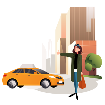 Девушка перед городом ловит такси в PNG, SVG