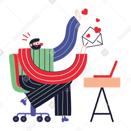 Man sits on a chair and holds a love letter with hearts flying out of it PNG, SVG