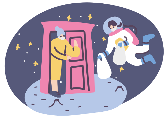 Astronaut in a medical mask delivering groceries to an elderly woman in self-isolation behind the door Illustration in PNG, SVG