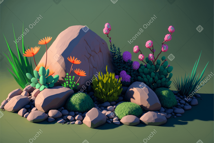 3D composition of flowers with rocks Illustration in PNG, SVG