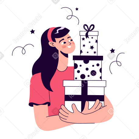 Девушка держит много подарочных коробок в PNG, SVG