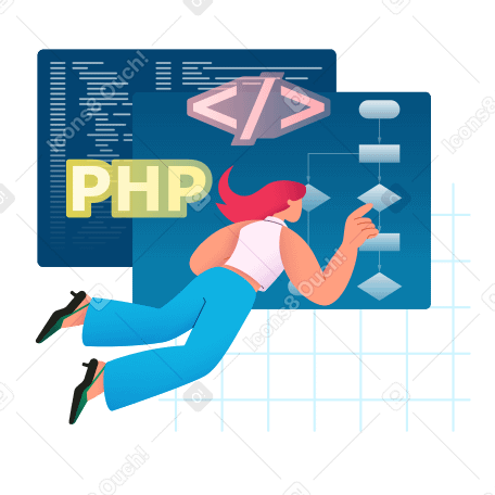 Mulher flutuando no ar, trabalhando com fluxograma e escrevendo código PNG, SVG