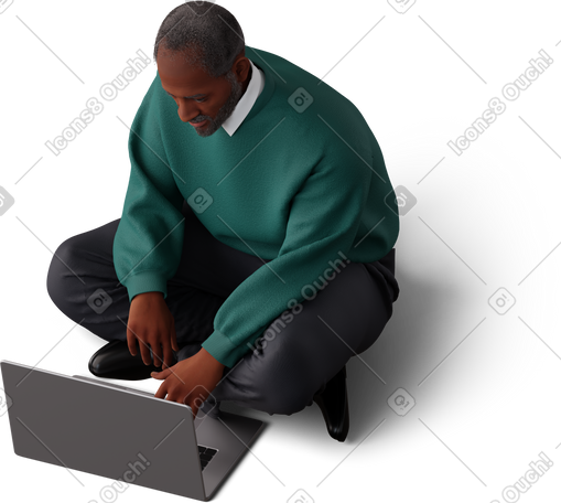 3D man sitting on floor with laptop PNG, SVG