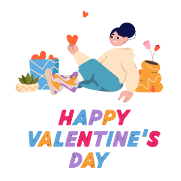 Happy Valentine's Day text under the girl opening a gift with hearts PNG, SVG