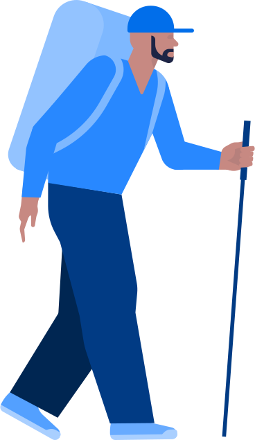 man hiker with large backpack and stick in his hand PNG, SVG
