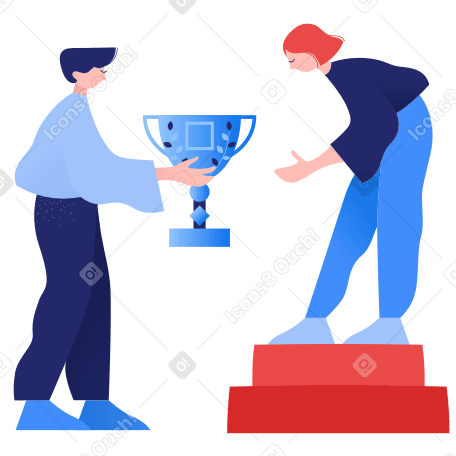 Woman standing on a pedestal and getting a winner cup awarded to her PNG, SVG