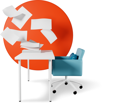 flying paper, office desk and chair PNG, SVG