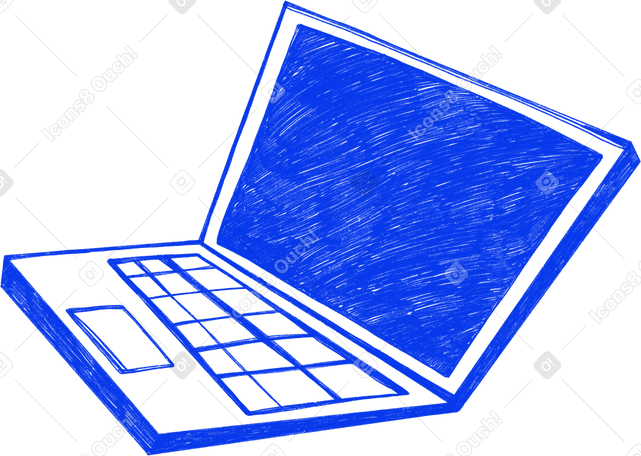 blue laptop sketch unfolded in three quarters Illustration in PNG, SVG