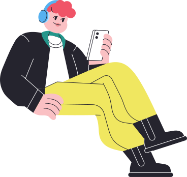 Mann mit kopfhörern sitzt und benutzt sein telefon PNG, SVG