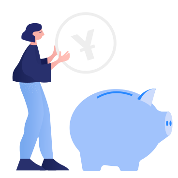 Woman putting a yen coin into a piggy box PNG, SVG