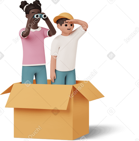 3D boy and girl in paper box looking for something в PNG, SVG