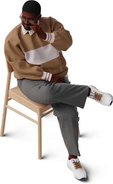 isometric view of young man posing sitting on chair and fixing eyeglasses PNG, SVG