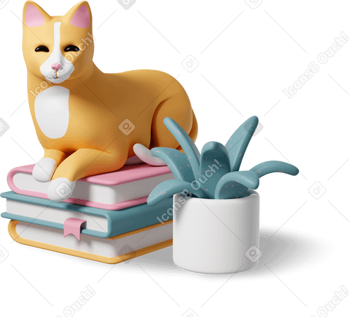 3D cat on books plant Illustration in PNG, SVG