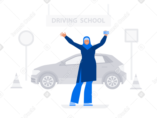 Illustration Femme en hijab levant les mains et détenant un permis de conduire dans le contexte de l'école de conduite aux formats PNG, SVG