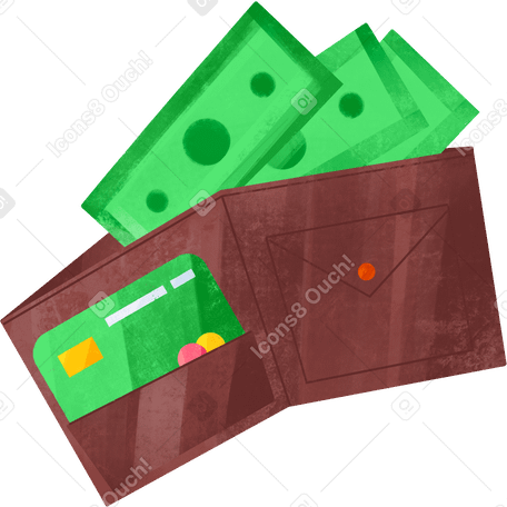 brown wallet with dollars and credit card Illustration in PNG, SVG